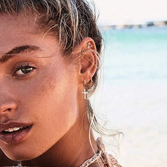 Cross Earrings Gold Huggie Hoop Dangle Drop - Picture 3 of 5